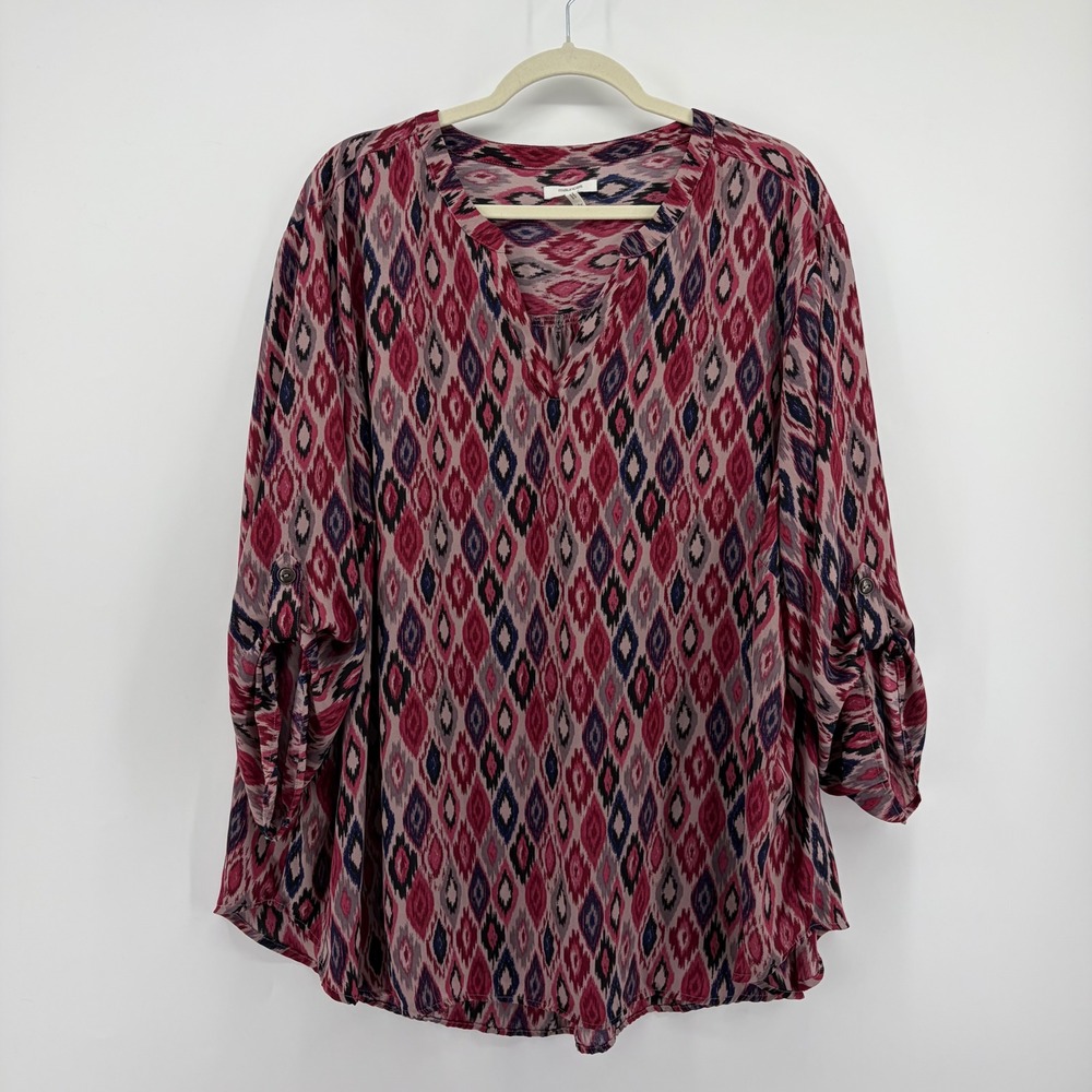 Maurices 4X Multicolor Ikat Diamond Blouse 3/4 Roll Tab Sleeve V-Neck Tunic
